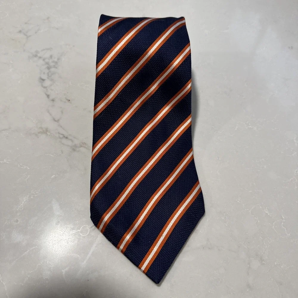 Silk Repp Tie Blue‎ Orange Striped 100% Silk 59